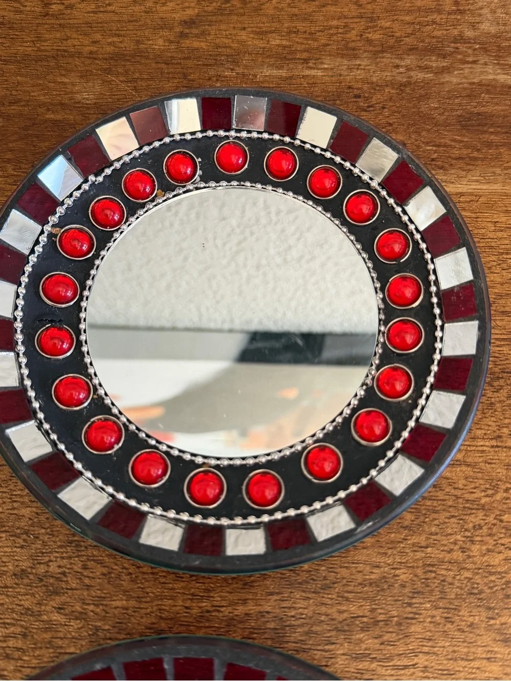 VTG Mosaic Beaded And Jeweled Mirror Plate Candle holder Dish Set If Four 6in
